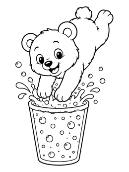 A cheerful cartoon cub splashing into a bubbly drink on this bear coloring page.