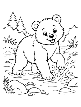 A bear coloring page showing a cheerful cub splashing water in a forest stream.