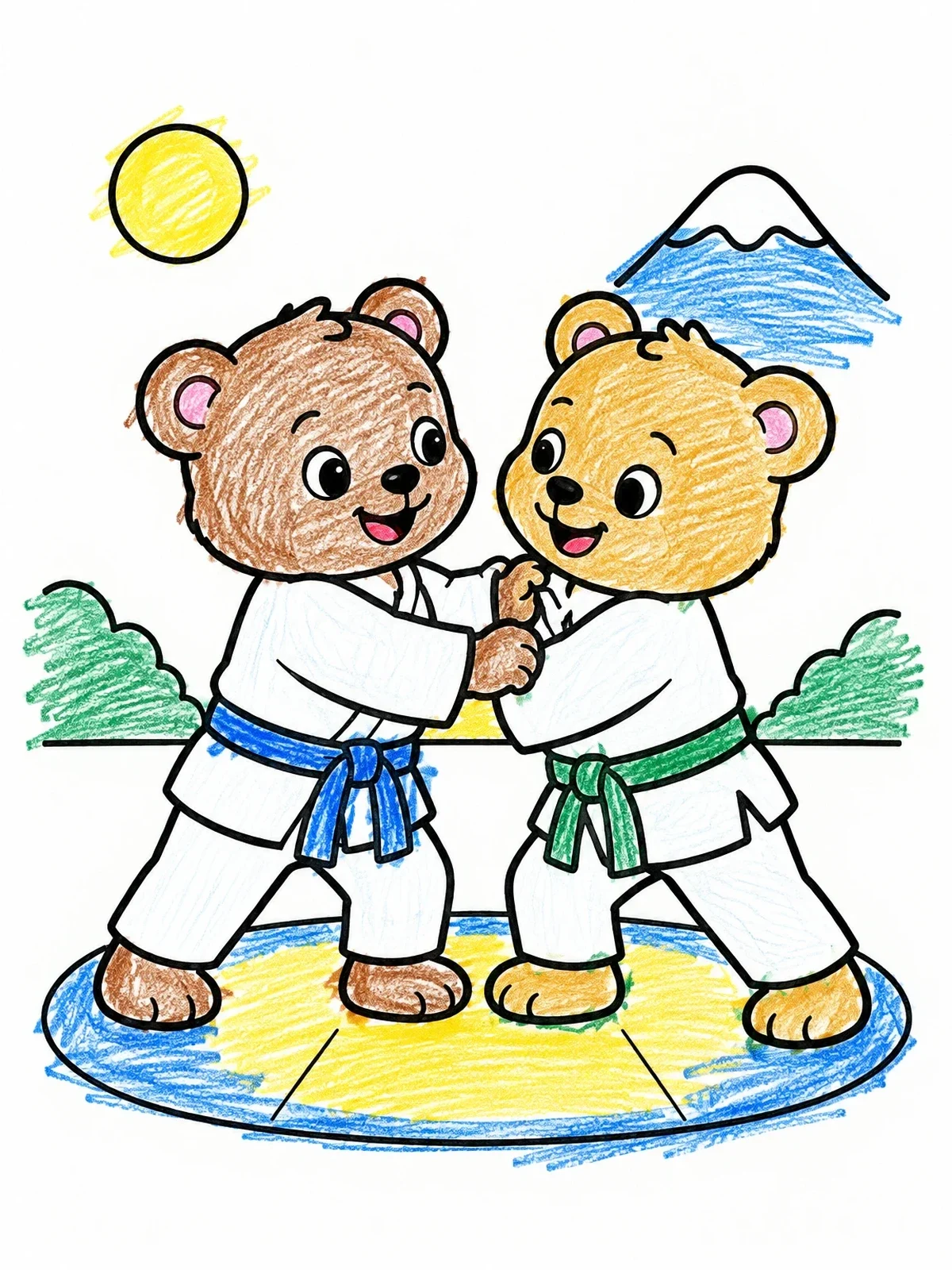 Colored example of the Playful Bear Cubs Judo Sparring coloring page