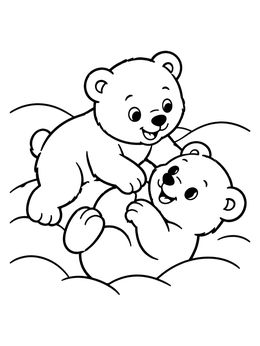 Two cute bear cubs play in the snow on this winter bear coloring page.