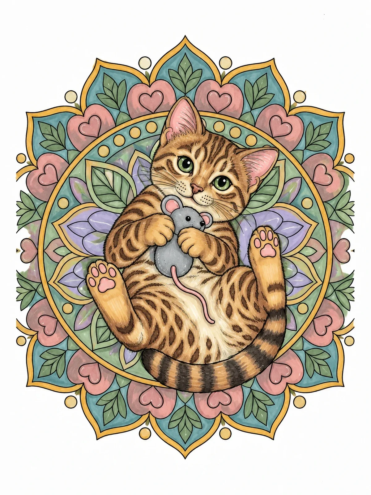 Colored example of the Playful Bengal Kitten On Mandala coloring page