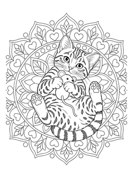 A playful kitten hugs a toy mouse on this detailed bengal cat coloring page with mandala background.