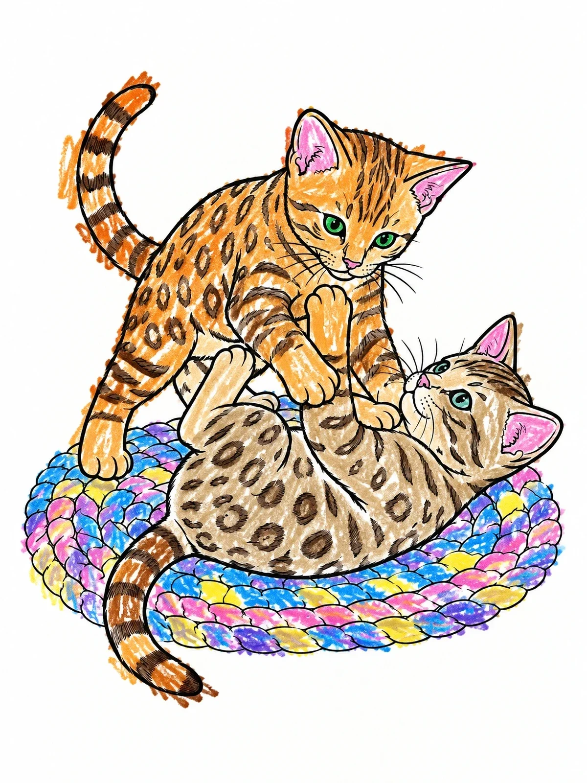 Colored example of the Playful Bengal Kittens On Rug coloring page