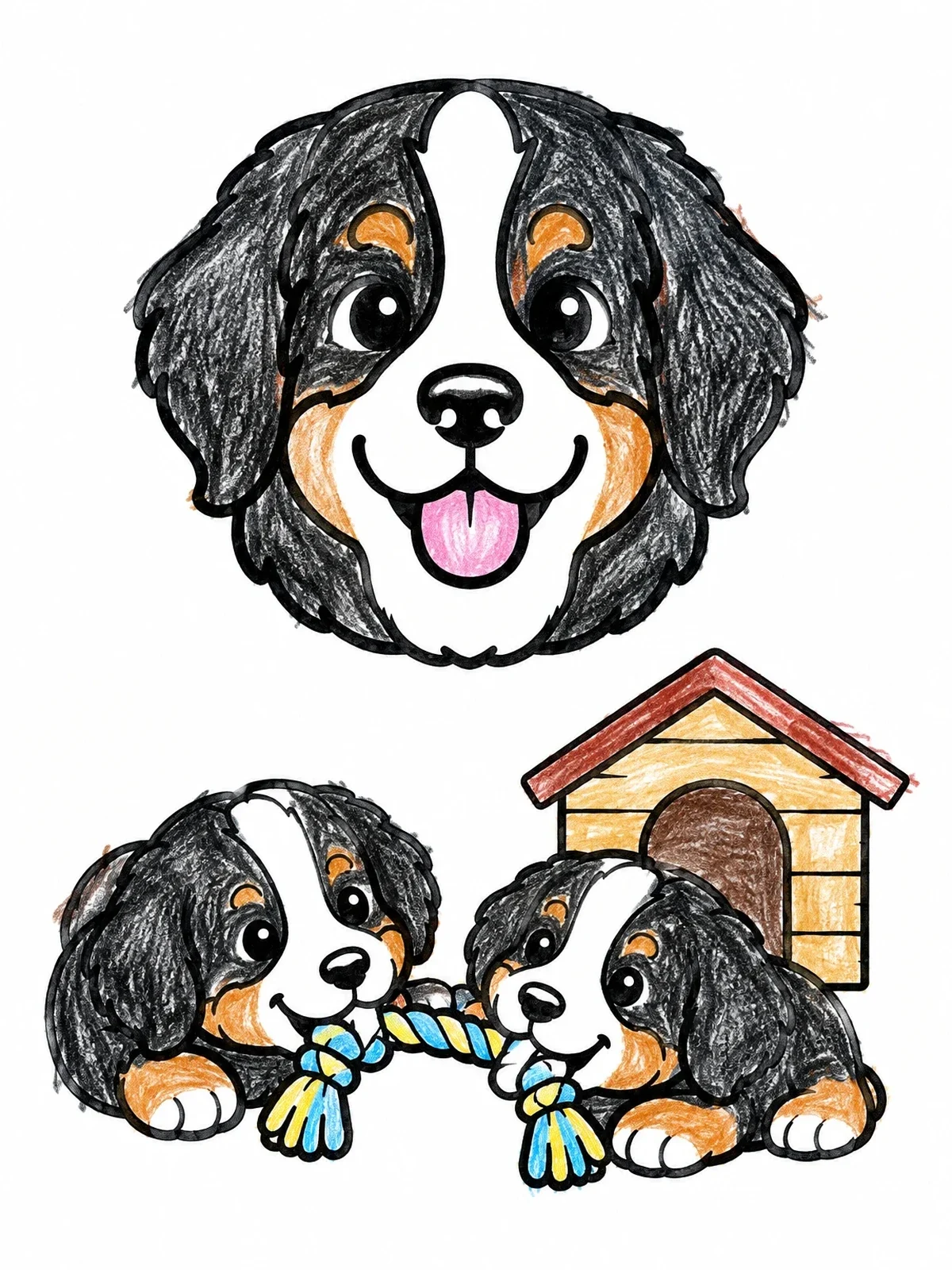 Colored example of the Playful Bernese Mountain Dog Puppies coloring page