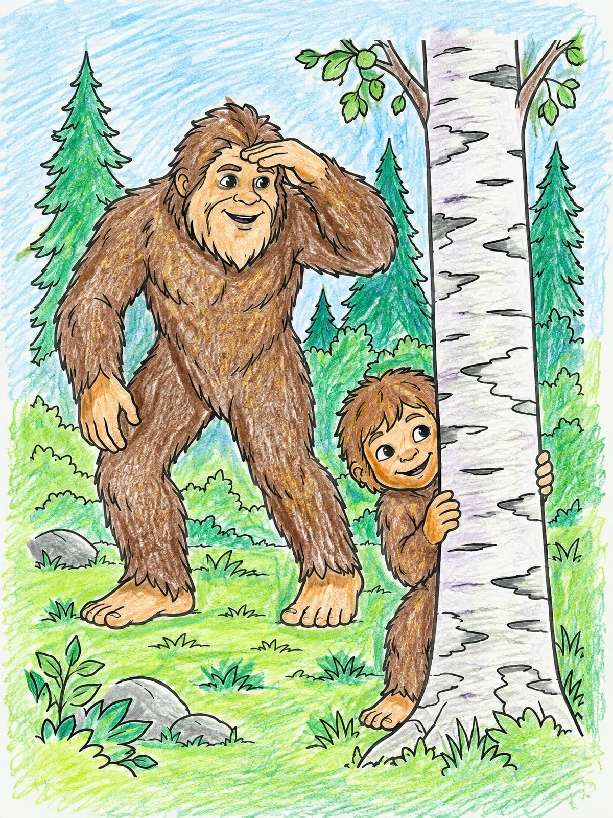Colored example of the Playful Bigfoot Playing Hide And Seek coloring page
