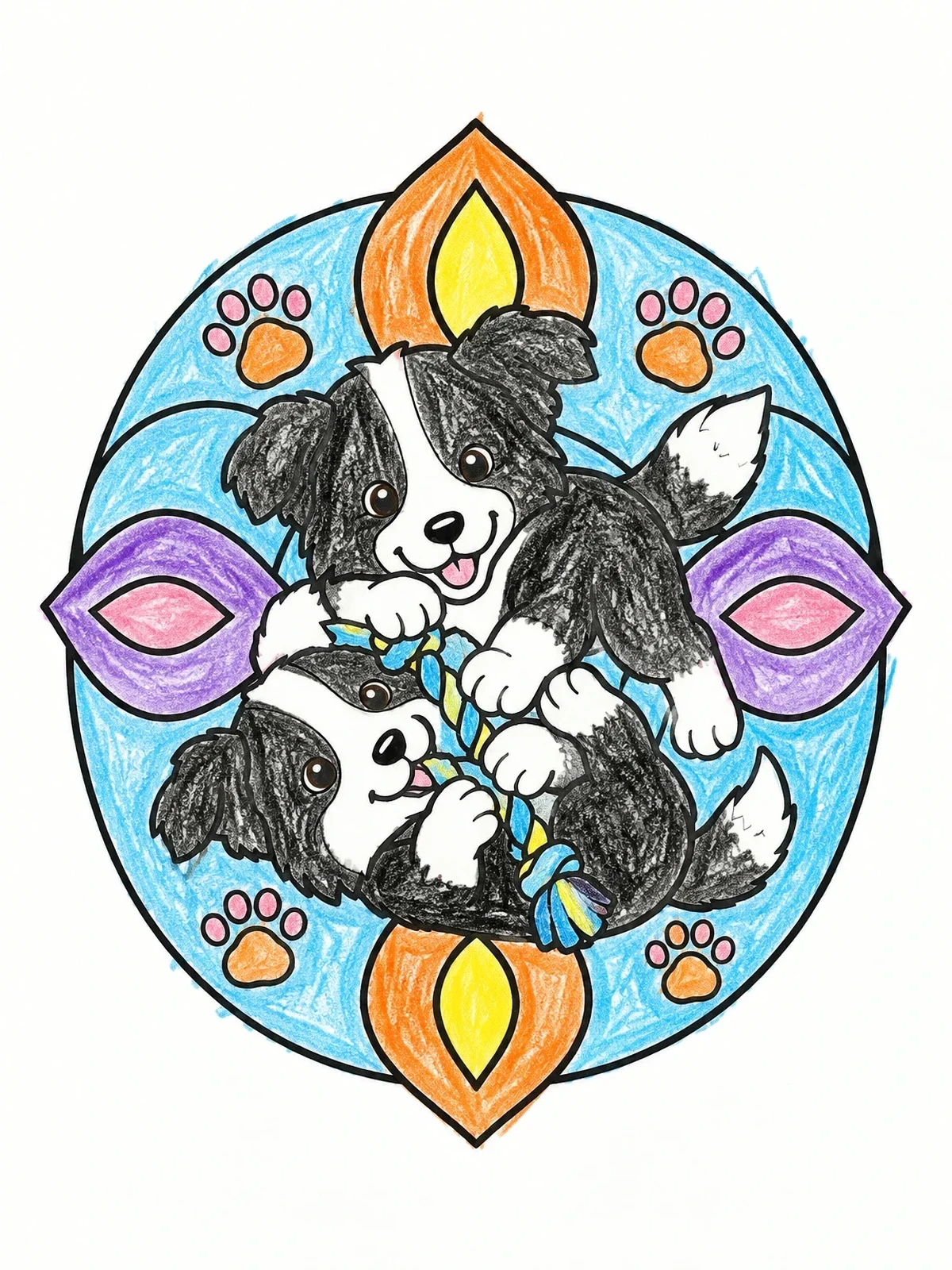 Colored example of the Playful Border Collie Puppies With Rope coloring page