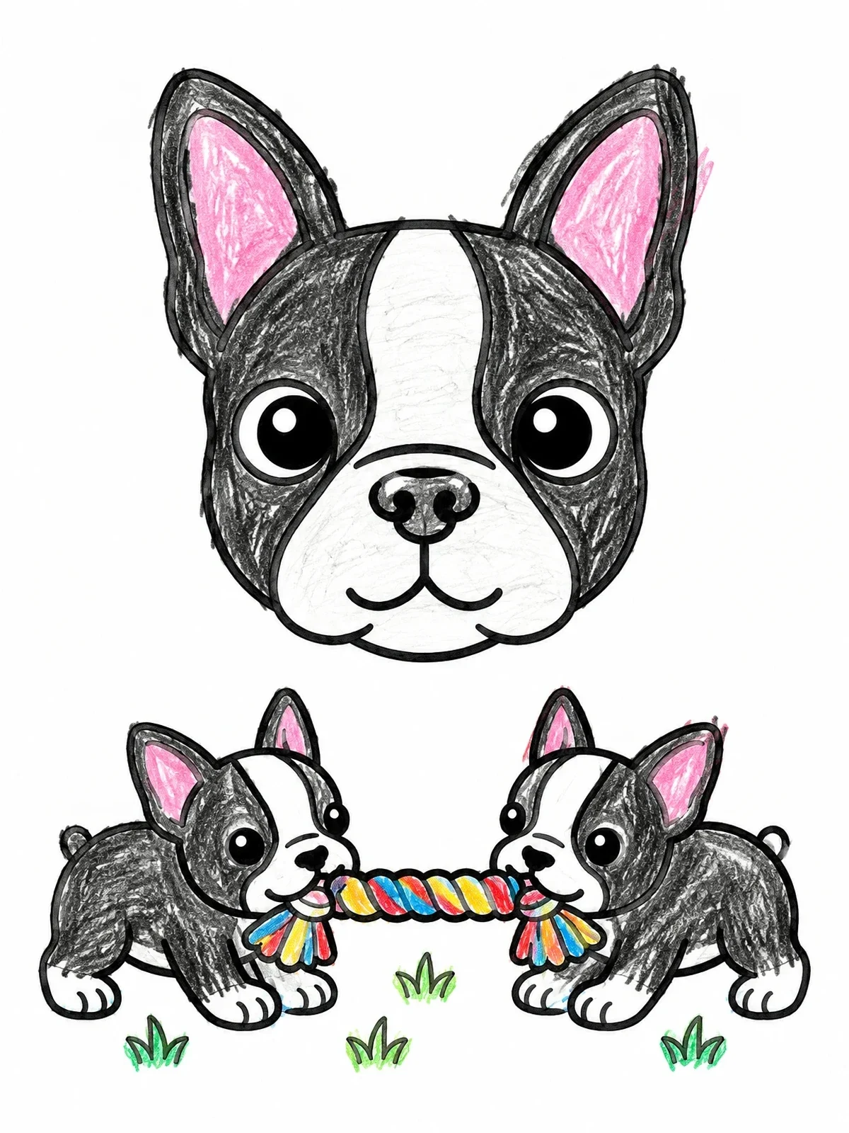 Colored example of the Playful Boston Terrier Puppies coloring page
