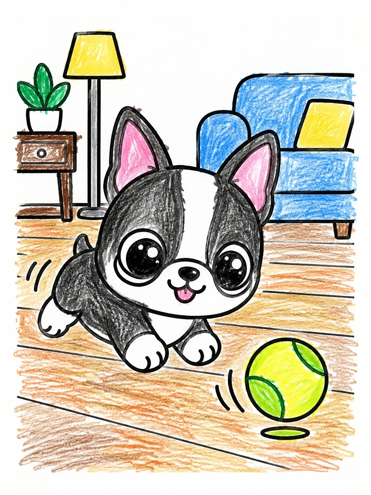 Colored example of the Playful Boston Terrier Puppy With Ball coloring page