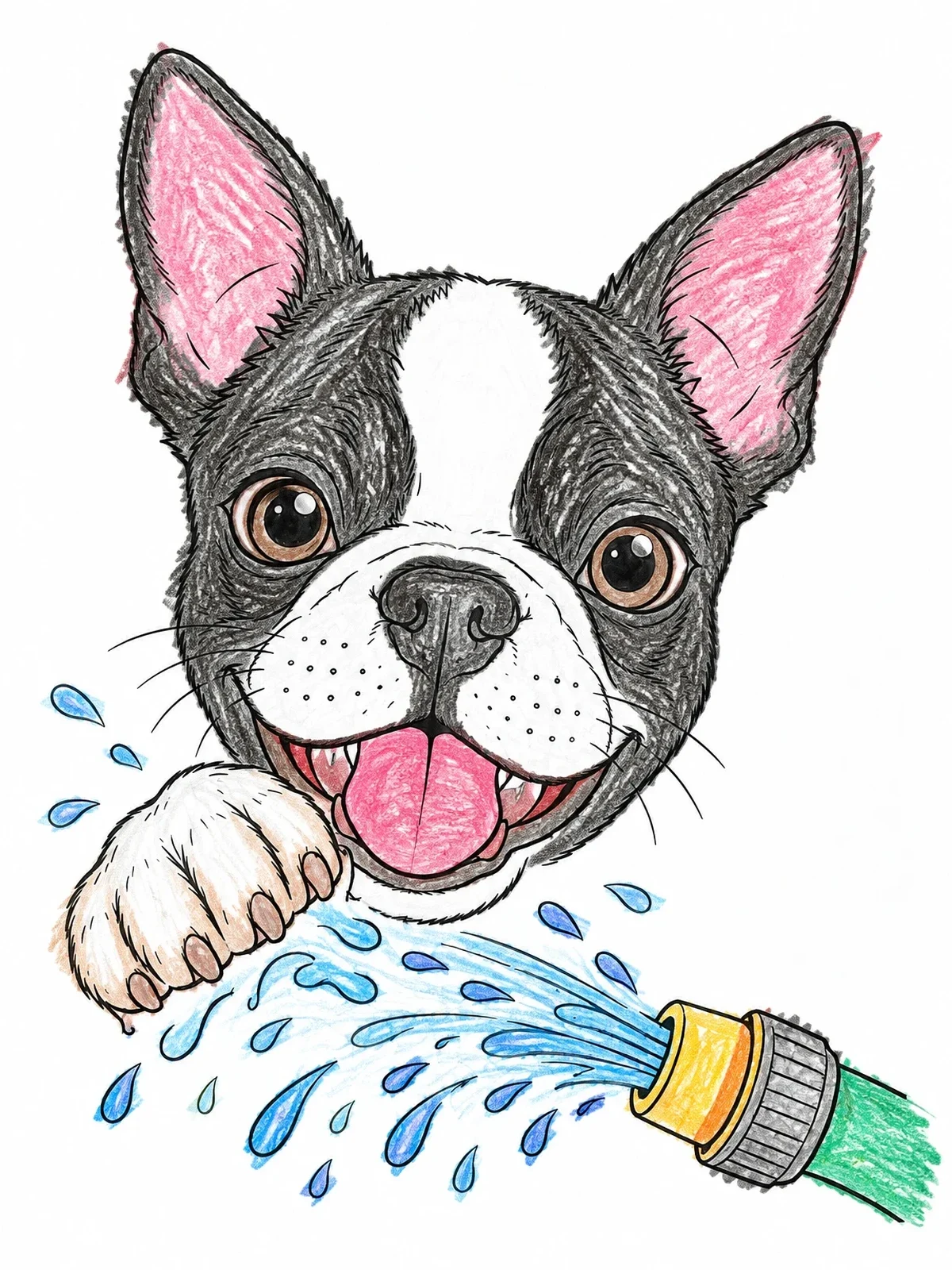 Colored example of the Playful Boston Terrier Splashing Water Hose coloring page