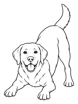 A cheerful labrador retriever coloring page featuring a happy dog in a playful bowing stance.