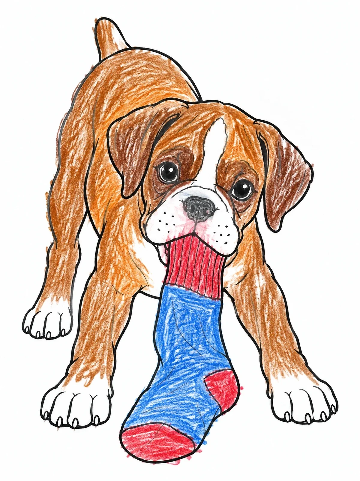 Colored example of the Playful Boxer Puppy With Sock coloring page