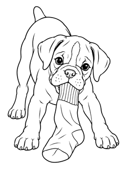 A playful puppy holding a sock in this boxer dog coloring page.