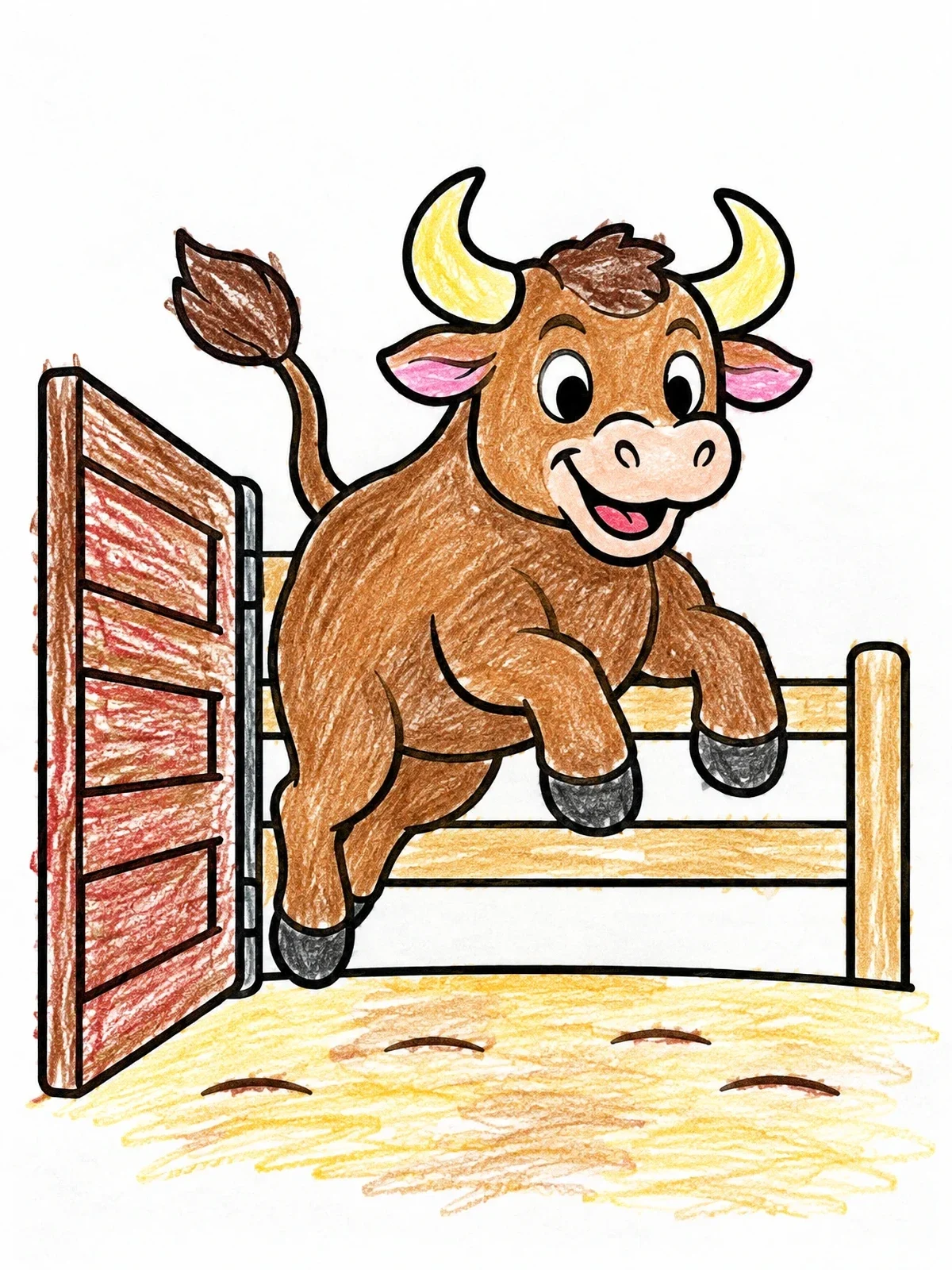 Colored example of the Playful Bull Jumping Through Gate coloring page