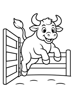 A cheerful cartoon bull coloring page leaping through an open wooden pen gate.