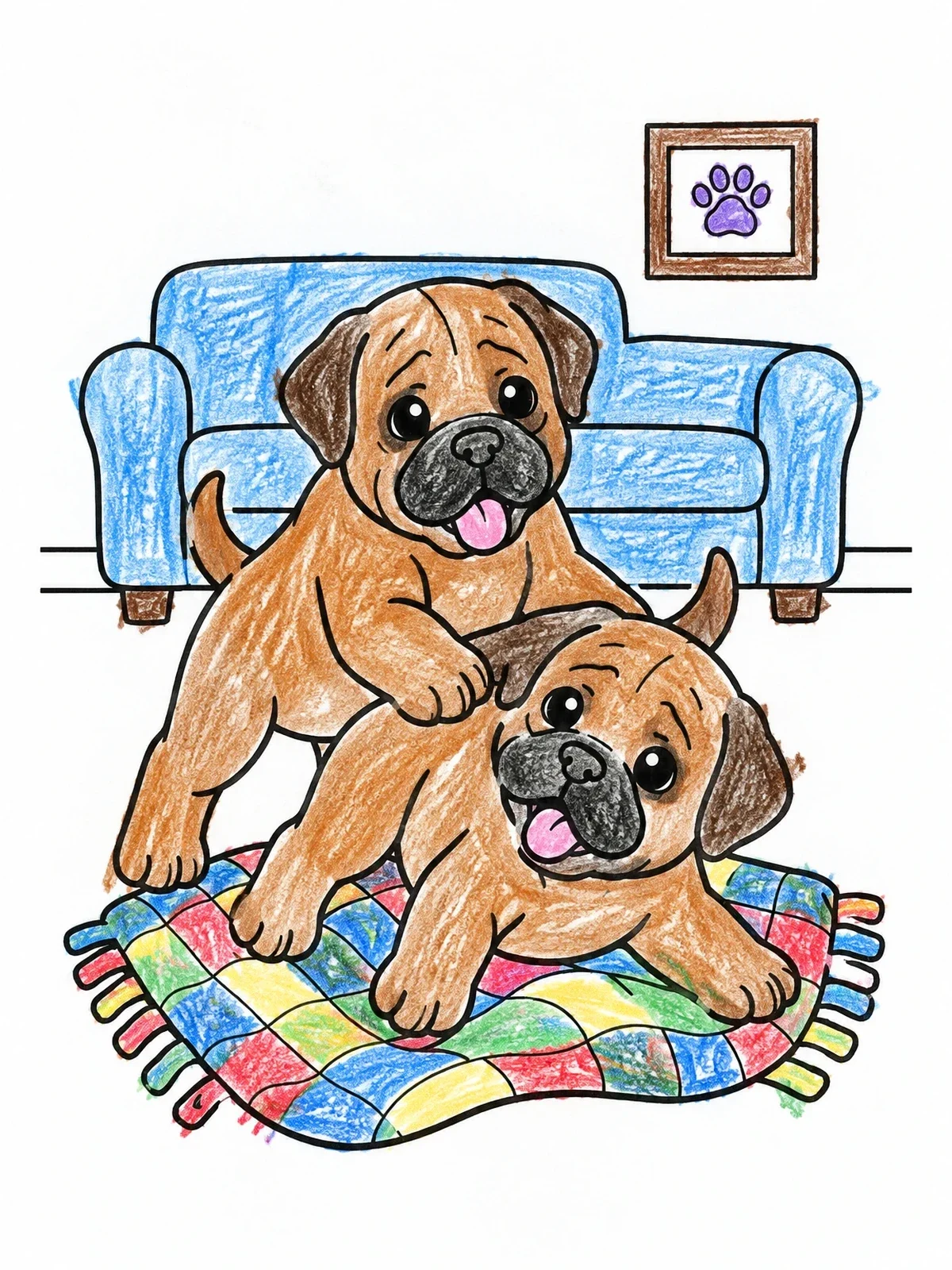 Colored example of the Playful Bullmastiff Puppies In Living Room coloring page
