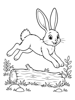 A cheerful rabbit leaps over a fallen log on this bunny coloring page.