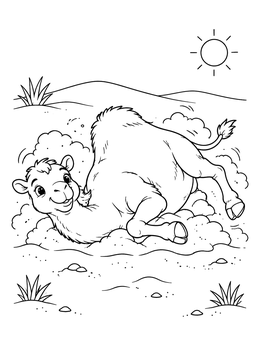 A cheerful camel coloring page showing a cute camel rolling happily in soft desert sand under the sun.