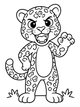 A friendly cartoon jaguar coloring page standing upright with spots.