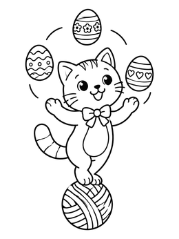 A cheerful kitten balances on yarn in this easter cat coloring page.