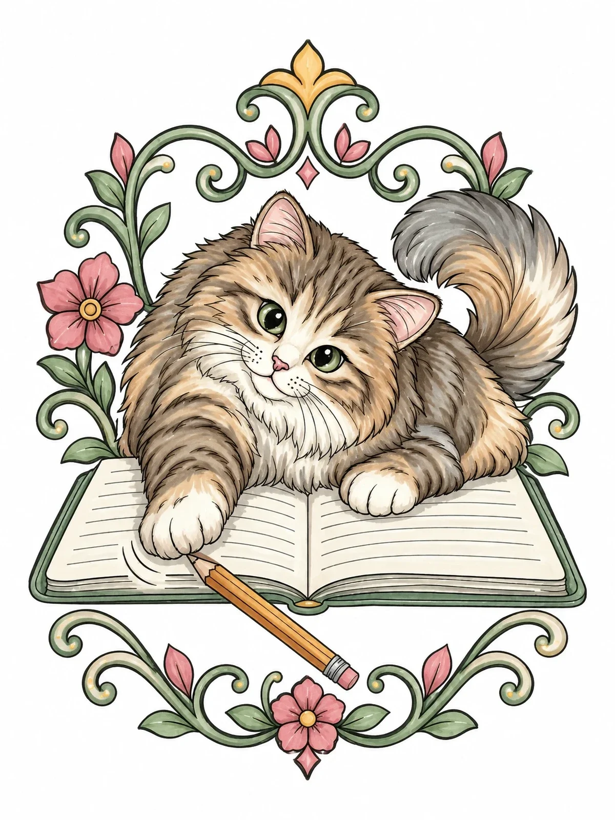 Colored example of the Playful Cat On Writer's Journal coloring page