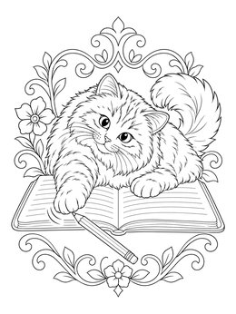A fluffy cat batting at a pencil on an open notebook in this writer coloring page.