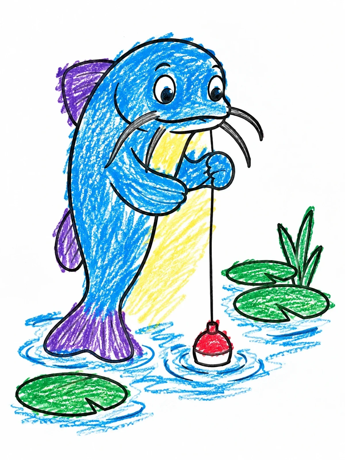 Colored example of the Playful Catfish With Fishing Bobber coloring page