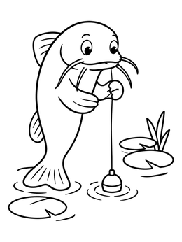 A catfish coloring page showing a friendly cartoon fish holding a fishing line by lily pads.