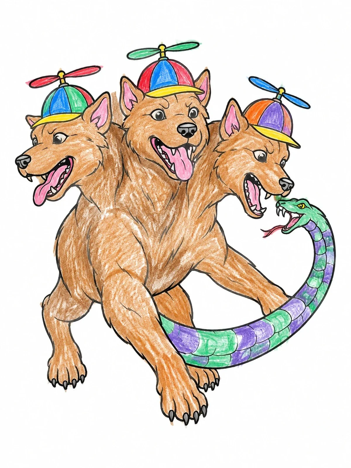 Colored example of the Playful Cerberus With Propeller Hats coloring page