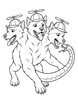 Funny cerberus coloring page showing three heads in propeller caps facing a snake tail.