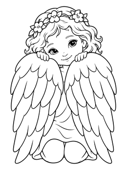 A sweet cherub coloring page showing an angelic child peeking from behind large feathered wings.