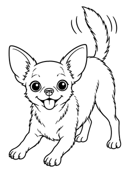 A cheerful chihuahua coloring page showing a puppy in a playful bow pose with a wagging tail.