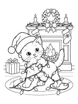 A festive christmas kitten coloring page featuring a cat in a Santa hat tangled in lights by the fireplace.