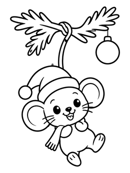 A cheerful christmas mouse coloring page featuring a cute mouse swinging from a pine branch.