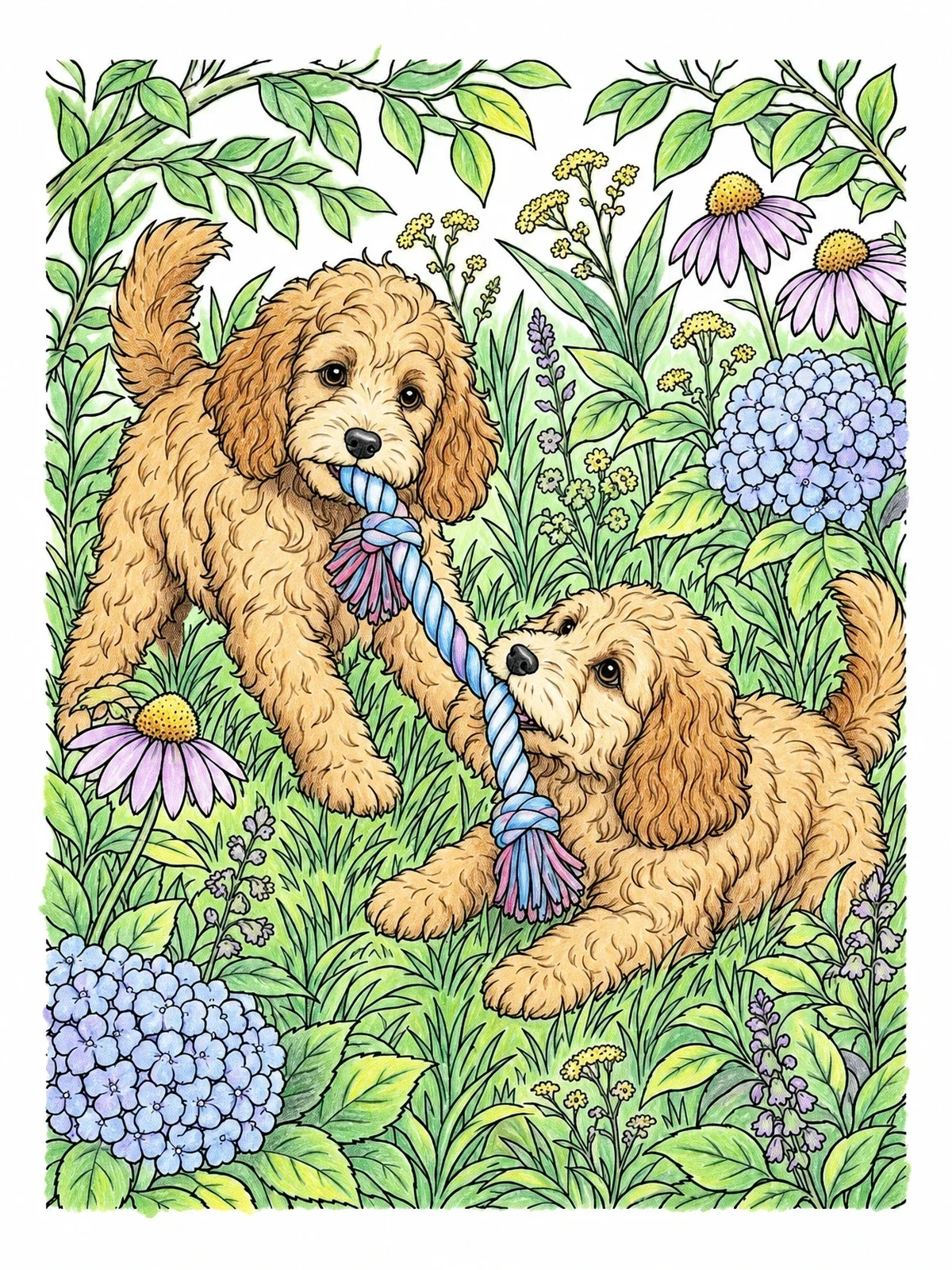Colored example of the Playful Cockapoo Puppies In The Garden coloring page