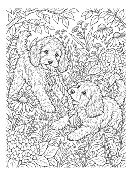 Free printable Playful Cockapoo Puppies In The Garden coloring page