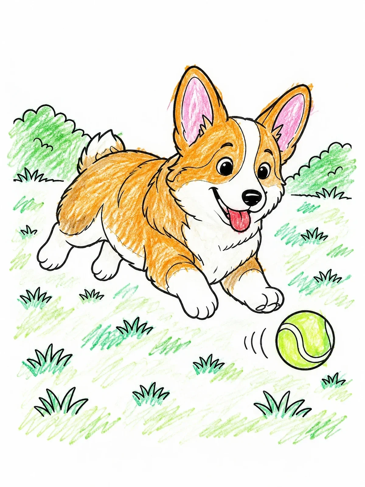 Colored example of the Playful Corgi Chasing A Ball coloring page