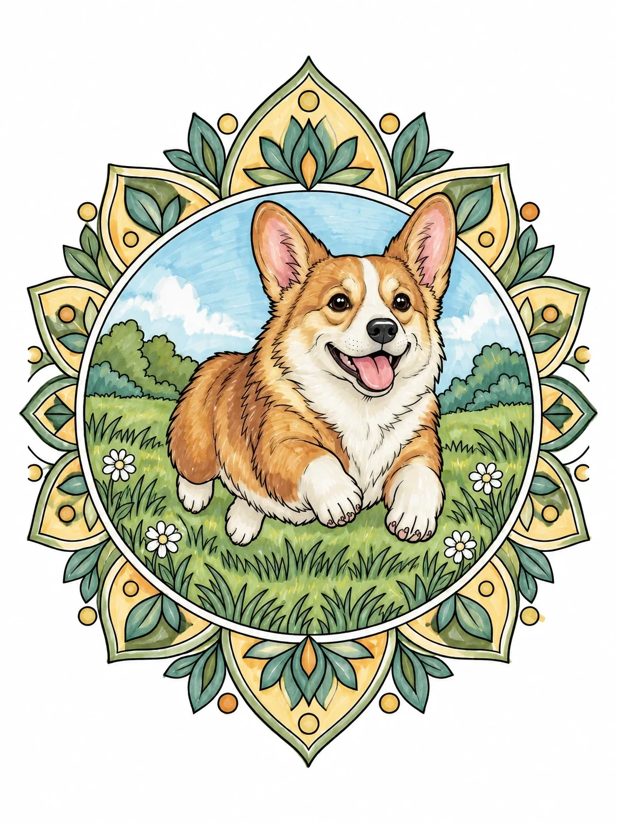 Colored example of the Playful Corgi In Floral Mandala coloring page