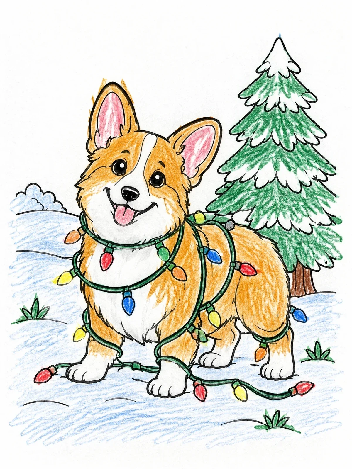 Colored example of the Playful Corgi Wrapped In Festive Lights coloring page