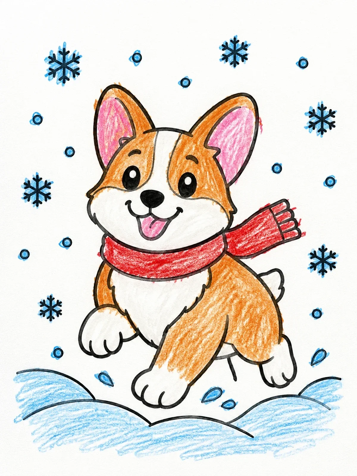 Colored example of the Playful Corgi In The Snow coloring page
