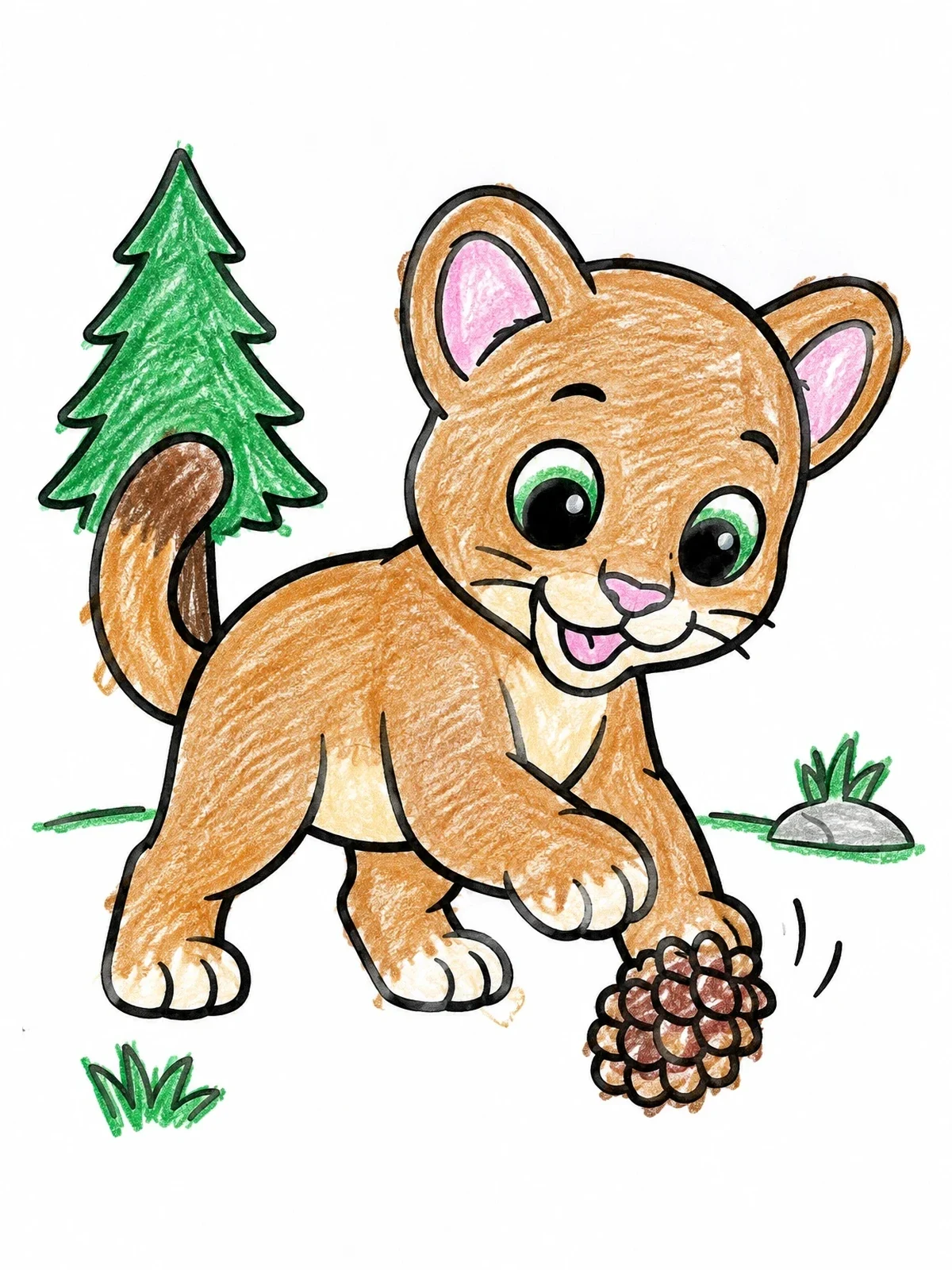 Colored example of the Playful Cougar Cub With Pinecone coloring page