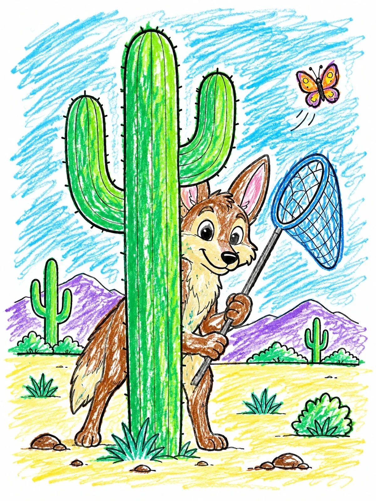 Colored example of the Playful Coyote Catching Butterflies Behind Cactus coloring page