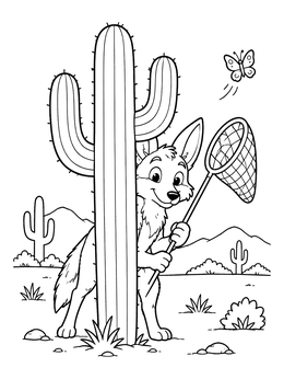 Free printable Playful Coyote Catching Butterflies Behind Cactus coloring page