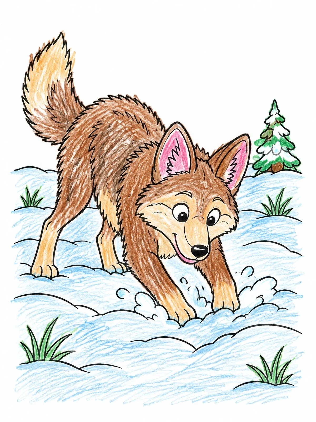 Colored example of the Playful Coyote Pouncing In Snow coloring page