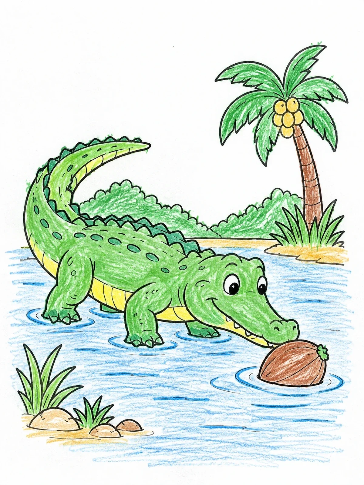 Colored example of the Playful Crocodile With Floating Fruit coloring page