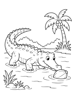 Free printable Playful Crocodile With Floating Fruit coloring page