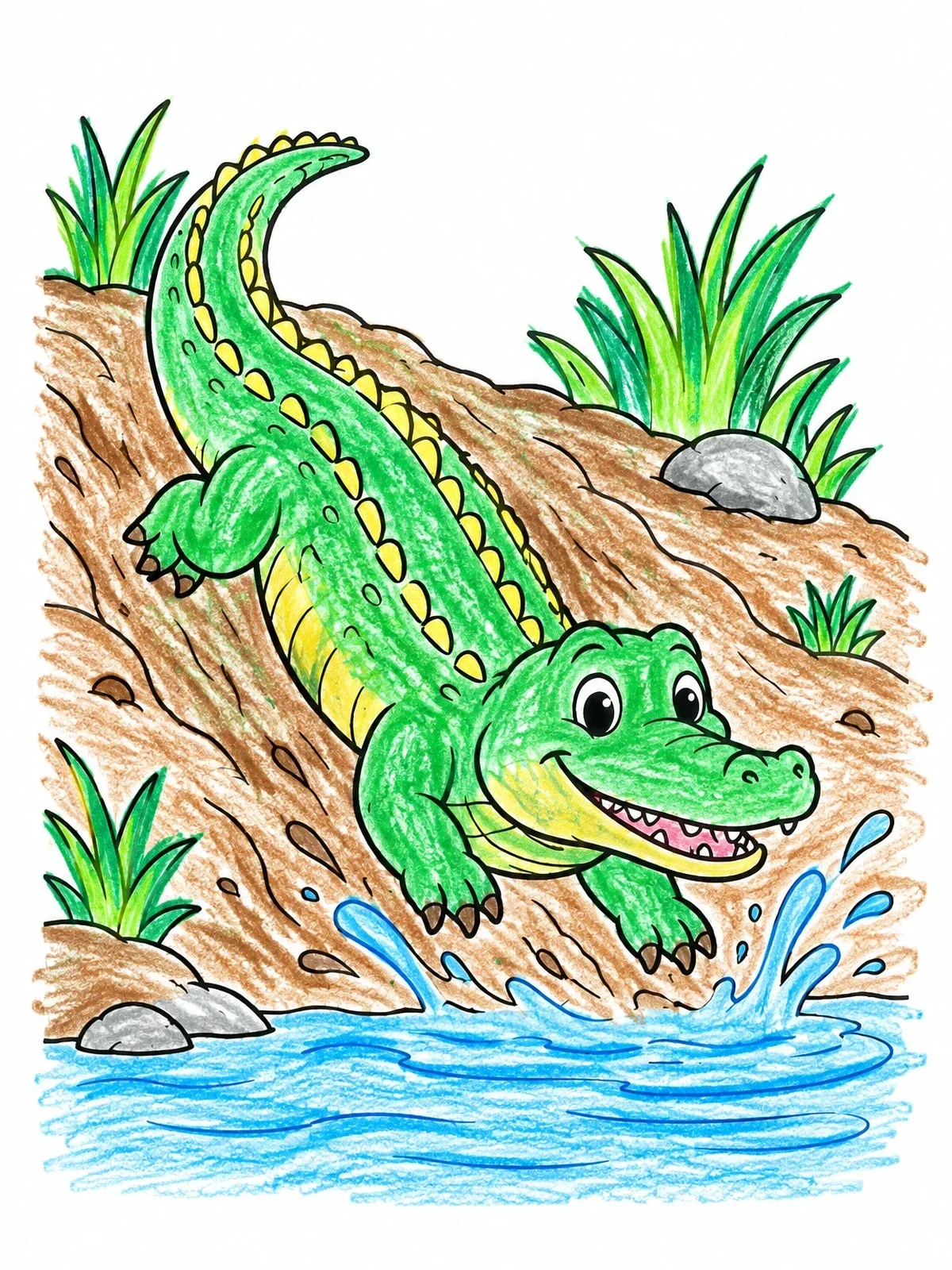 Colored example of the Playful Crocodile Sliding Into Water coloring page