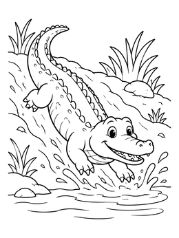 A cheerful crocodile sliding into water on this cute crocodile coloring page.