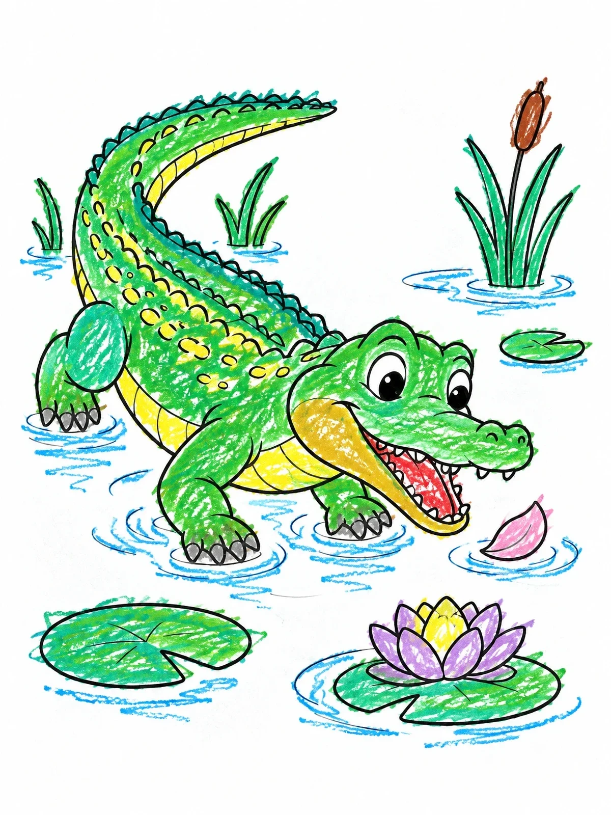 Colored example of the Playful Crocodile With Water Lily coloring page