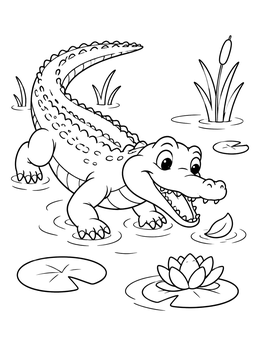 A cheerful crocodile coloring page featuring lily pads and water ripples.