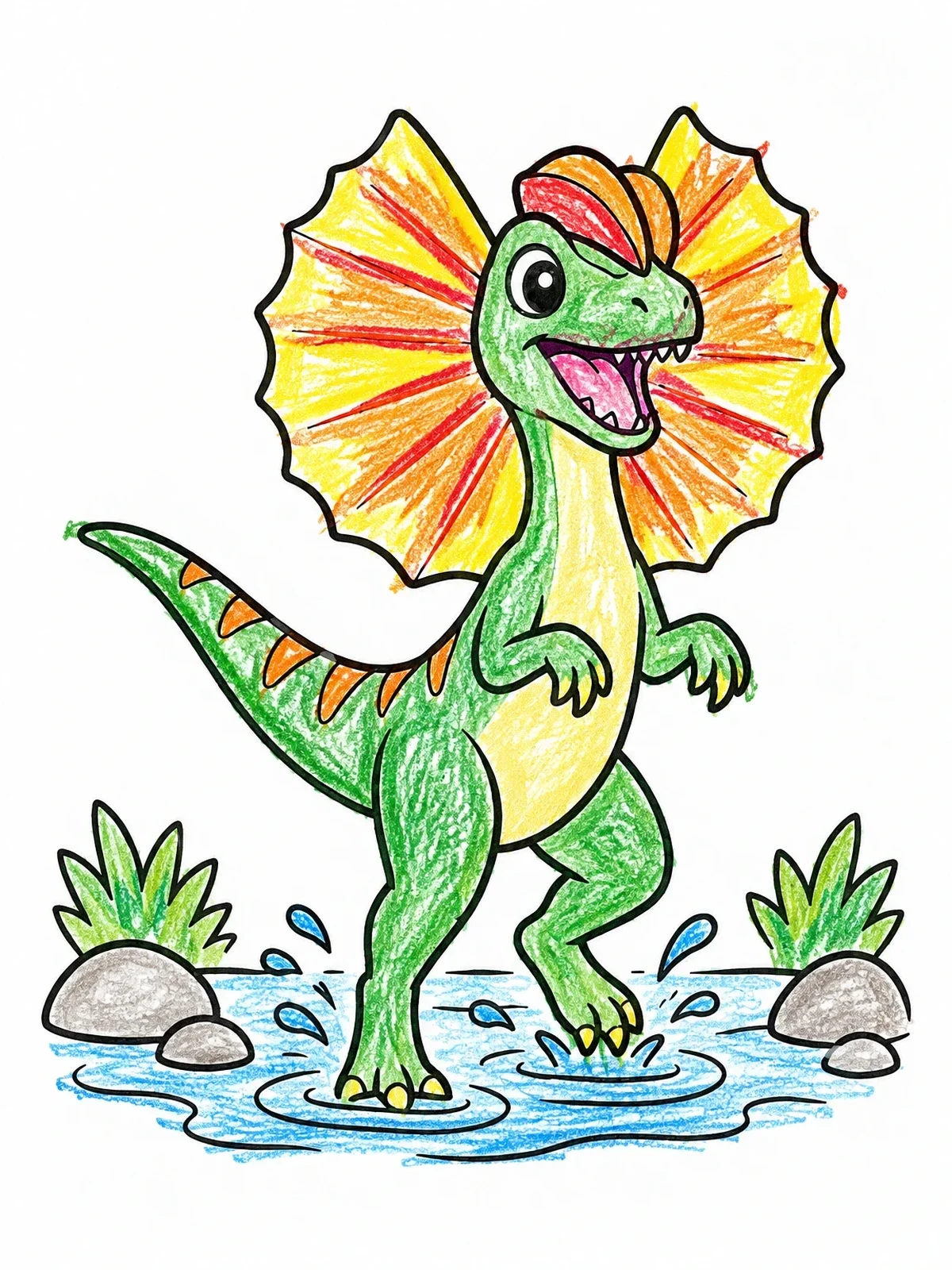 Colored example of the Playful Dilophosaurus Splashing In Water coloring page